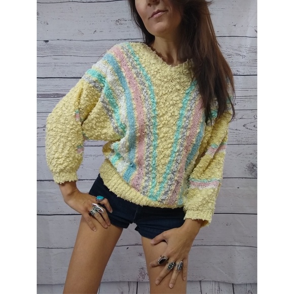 Vintage Sweaters - Pastel rainbow 80s popcorn sweater